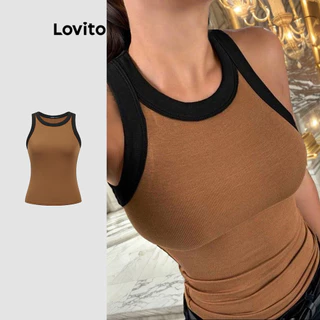 Lovito Top Básico Casual com Patchwork e Bloco de Cores para Mulheres LNL38002 (Café/Cinza/Branco/Preto)