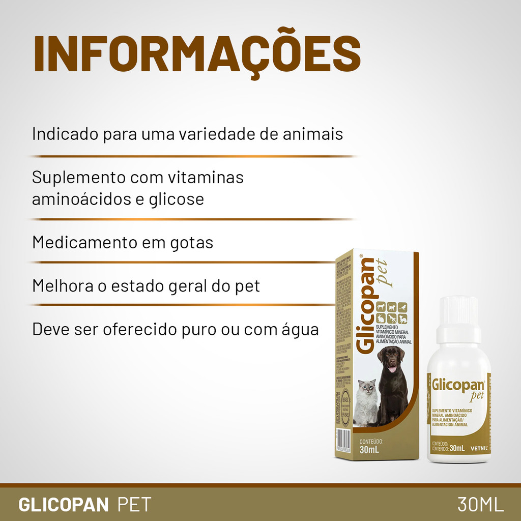 Glicopan Pet Vetnil 30ml - Detalhe de Uso para Diversas Espécies - Produto Premium Pet Caprioli Shop