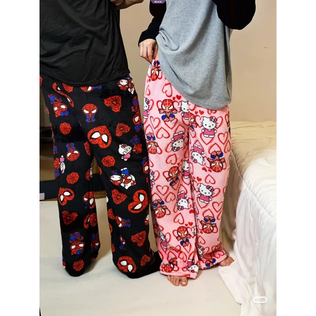 Hello Kitty Homem-Aranha Anime Flanela Pijama Calças Soltas Lazer Casa ...