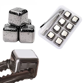 Kit 8 Cubos De Gelo Aço Inox Metal Whisky Drinks Com Pegador