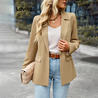 Lovito Blazer Casual Liso De Bolso Falso Para Mulheres LNL51147 em Promoção na Shopee Lovito Blazer Casual Liso De Bolso Falso Para Mulheres LNL51147
