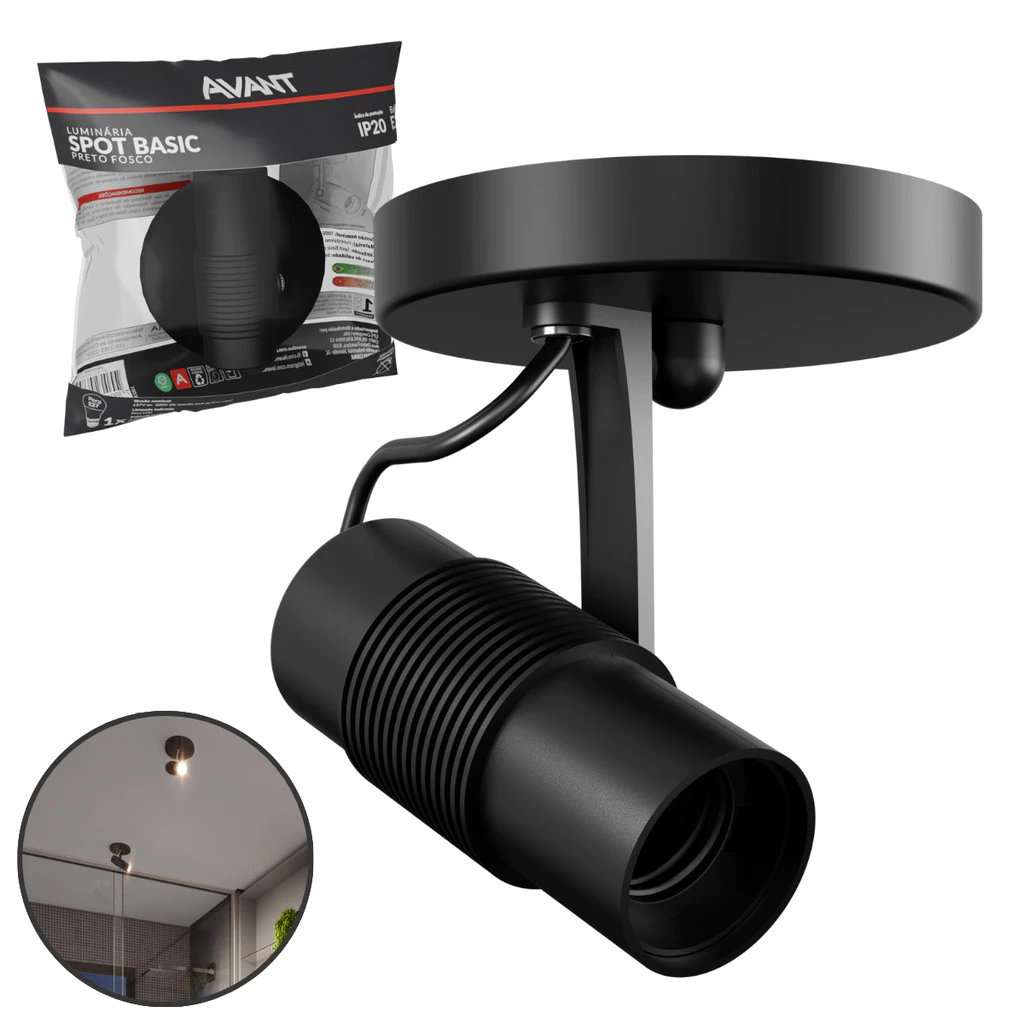 Spot De Sobrepor Basic Para 1 Lâmpada Preto Base E27 Avant