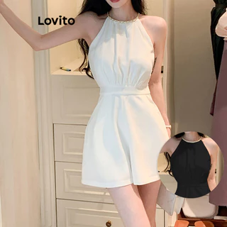 Lovito Elegante Macacão Feminino Liso Básico com Metal LNE30044 (Branco)