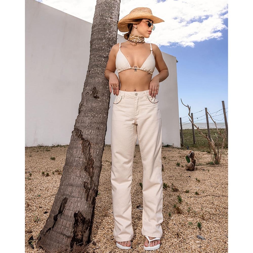 CALÇA JEANS FEMININA RETA CINTURA ALTA COM APLICAÇÃO ANA CASTELA 24320