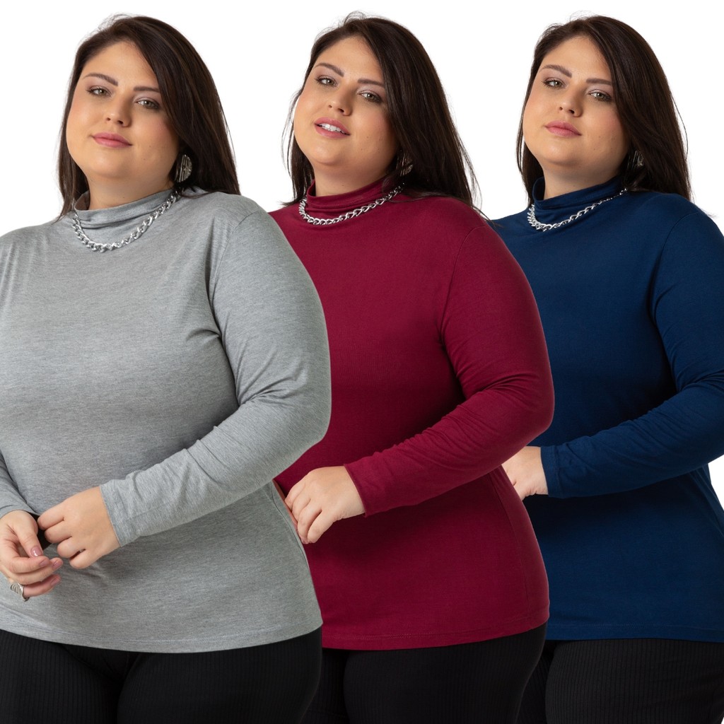 Kit 3 Blusas De Frio Cacharrel Gola Alta Feminina Plus Size Viscose ...