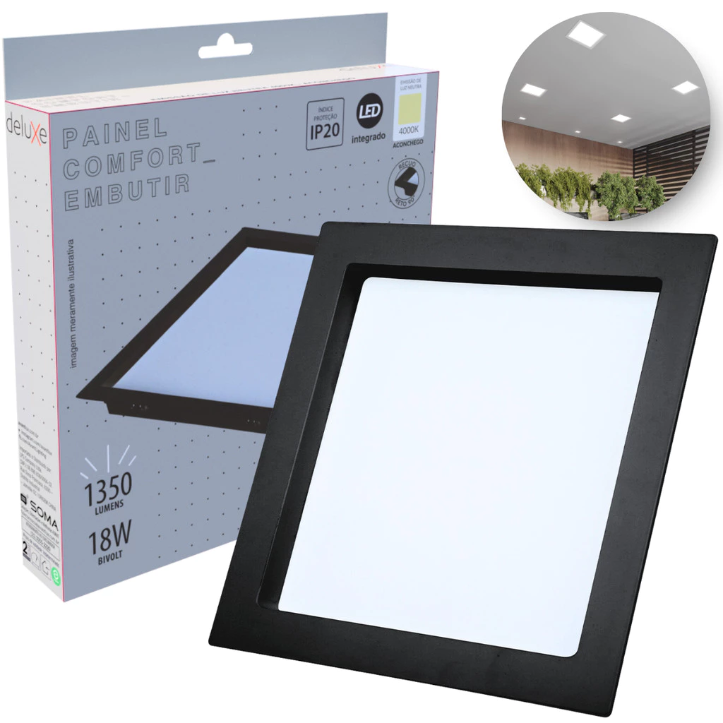 Painel Led Recuado 18w Quadrado 4000k Comfort Branco Neutro 20cm 110V/220V Bivolt Preto Fosco Cód: 908220870 - Deluxe