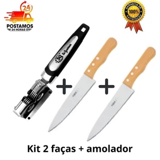 kit 2 facas de cozinha 5´´ aço inox mais amolador profissional