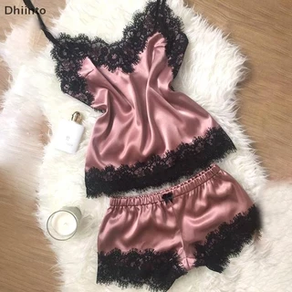 [Dhiint] Pijamas Femininos Sem Mangas Com Alça , Roupa De Dormir Acabamento Em Renda , Top Cami De Cetim , Conjunto De P em Oferta na Shopee