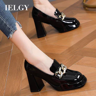 IELGY Sapatos De Couro Cabeludo Redondos Estilo Britânico Feminino Envernizado Salto Bloco 2024 Com Fivela De metal