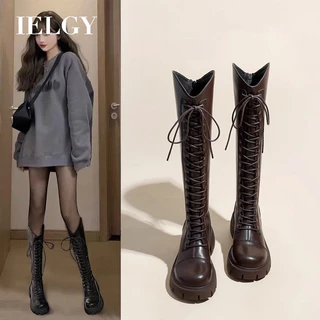 IELGY 2024 Novas Botas Femininas Inverno V-Mouth Slim Versátil Salto Bloco Sola Grossa Marrom Altas Rider