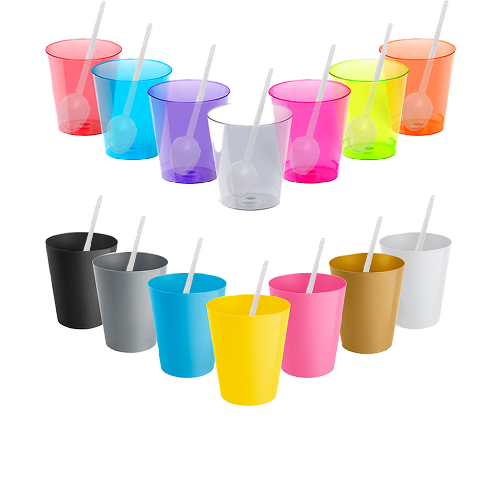 Kit 100 uni Copo Para Doce Mousse Brigadeiro 25ML Colorido + 100 Colherzinhas