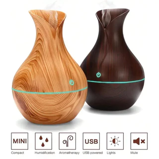 Umidificador Design de Vaso Aromatizador Silencioso textura de Madeira Recarregável com LED OMINI
