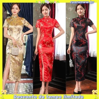 Cheongsam chinês tradicional Vintage Plus Size vestido longo de manga curta feminino 31649
