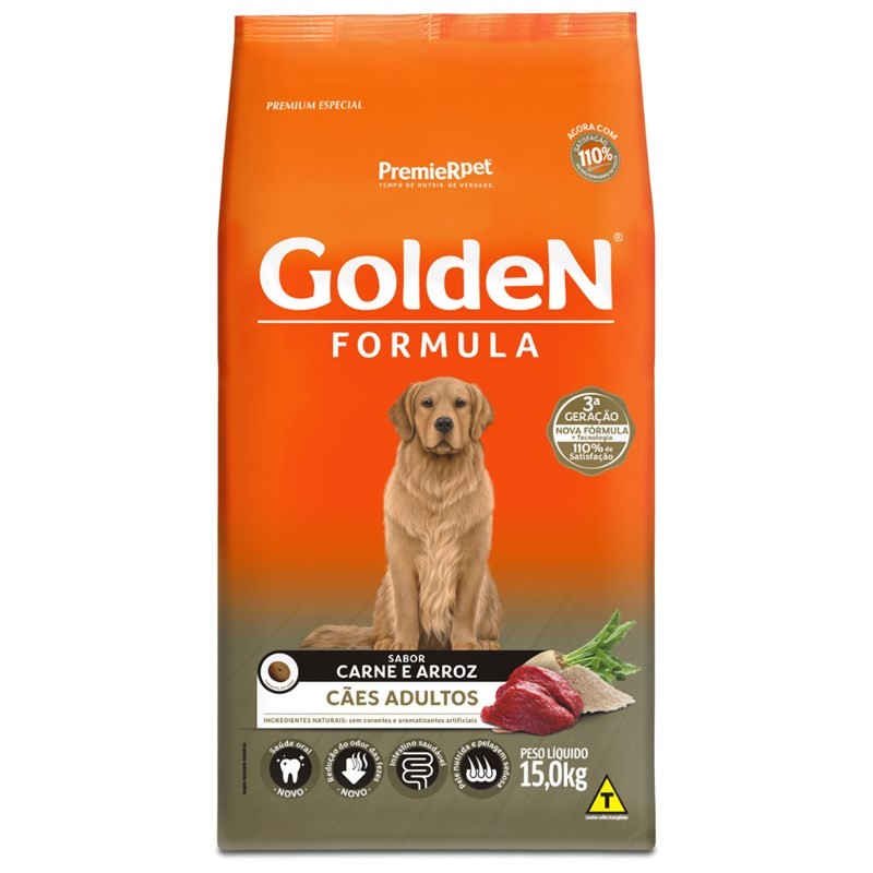RAÇÃO GOLDEN FORMULA CACHORROS ADULTOS CARNE E ARROZ 15KG | Shopee Brasil