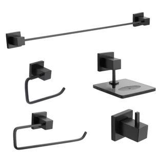 Kit de Acessórios para Banheiro Metal 5 Peças Luxo Quadrado no Preto