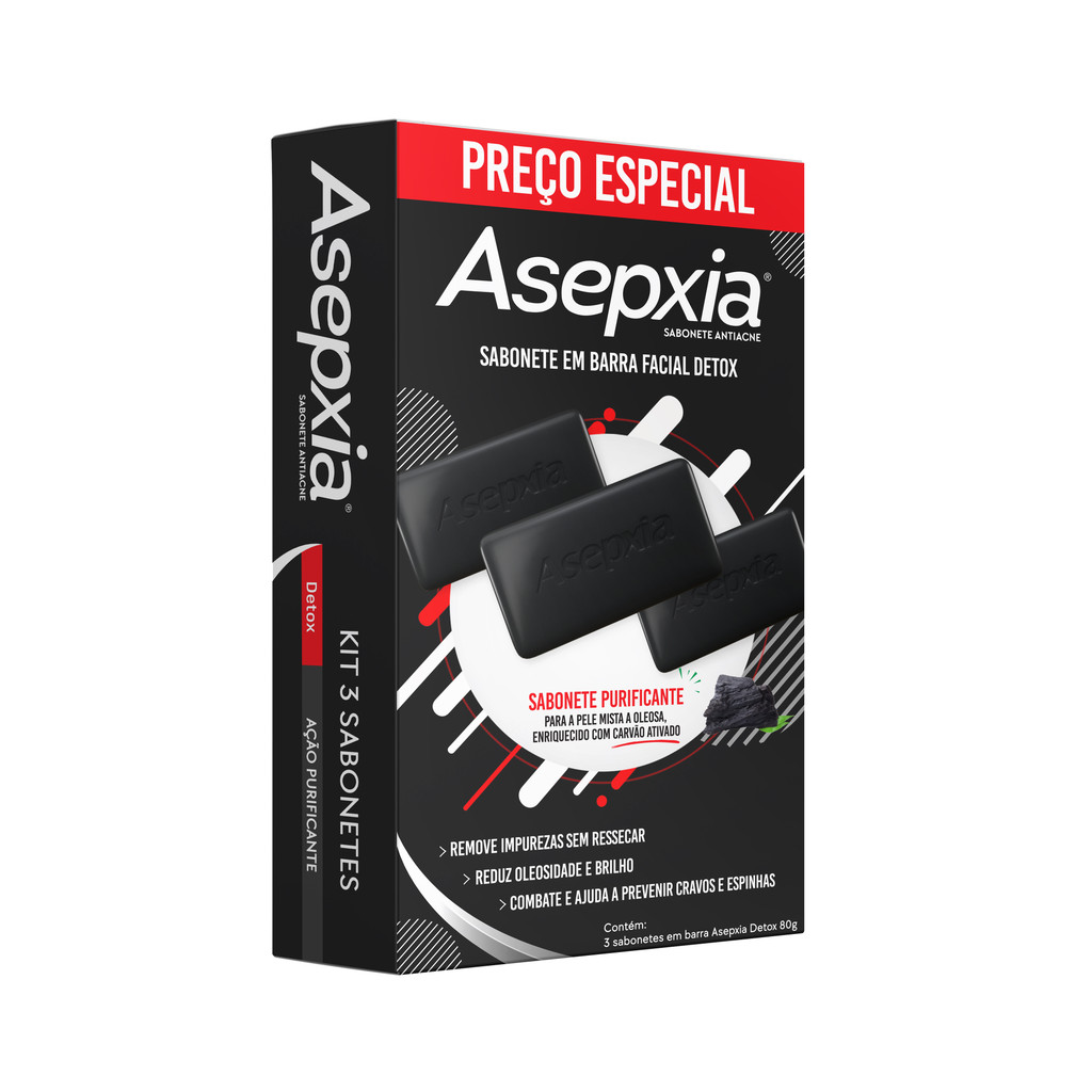 Asepxia Detox Sabonete Barra Kit 3un - 80g | Shopee Brasil