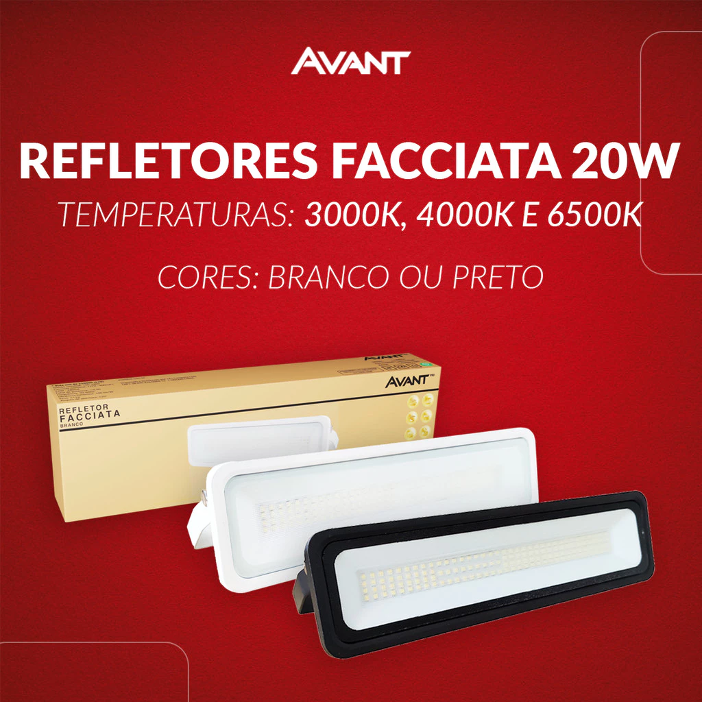 Refletor Led Facciata 20w 3000k, 4000k ou 6500k 110v/220v Bivolt Ip66 Branco ou Preto Fosco Avant Pro