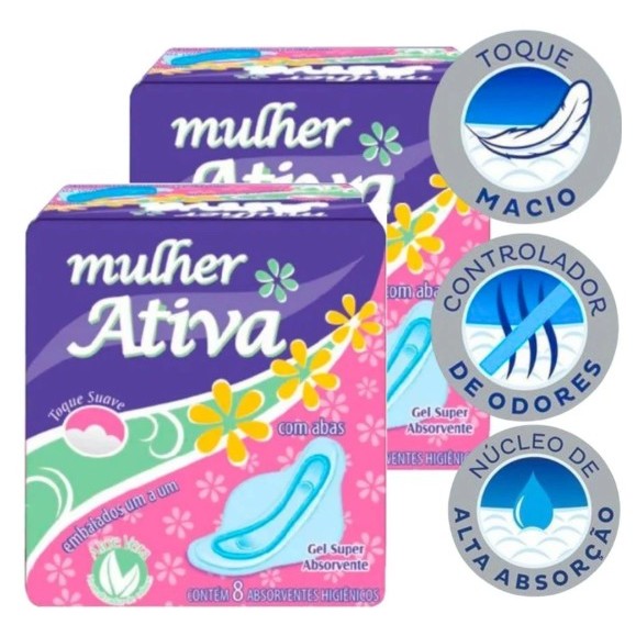 Kit 2 Absorvente Suave Com Abas Anti Odor 8Un - Mulher Ativa | Shopee ...
