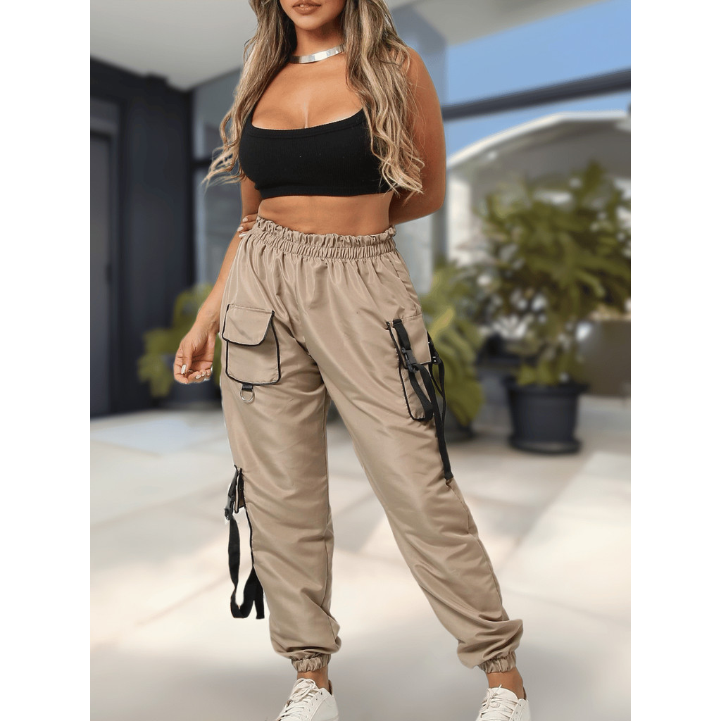 Calça cargo jogger Feminina com Venas e Tiras nos Bolsos Moda Casual ...