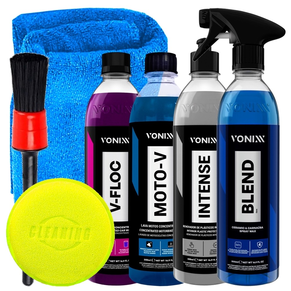 Kit Lavagem Automotiva Cera Vonixx Blend Shampoo V-floc Moto-V Revitalizador de Plásticos Intense Acessórios Karbox