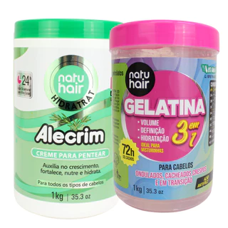 Kit Creme para pentear Alecrim Natuhair + Gelatina Modeladora de Cachos 3 em 1 Natuhair 1kg