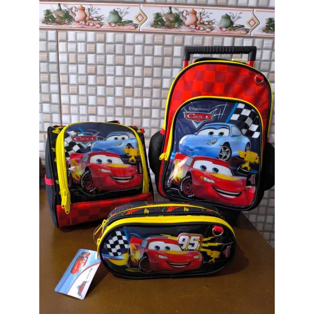 Kit de Mochila de Rodinhas, Lancheira e Estojo McQueen - Carros - Modelo 2025 - Pequena