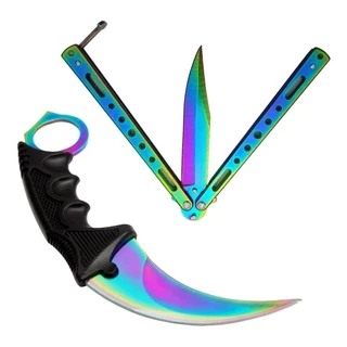 Kit Faca Canivete Butterfly + Karambit Cs Multi Color Afiadas Tático Manobras Treinos Com Baia