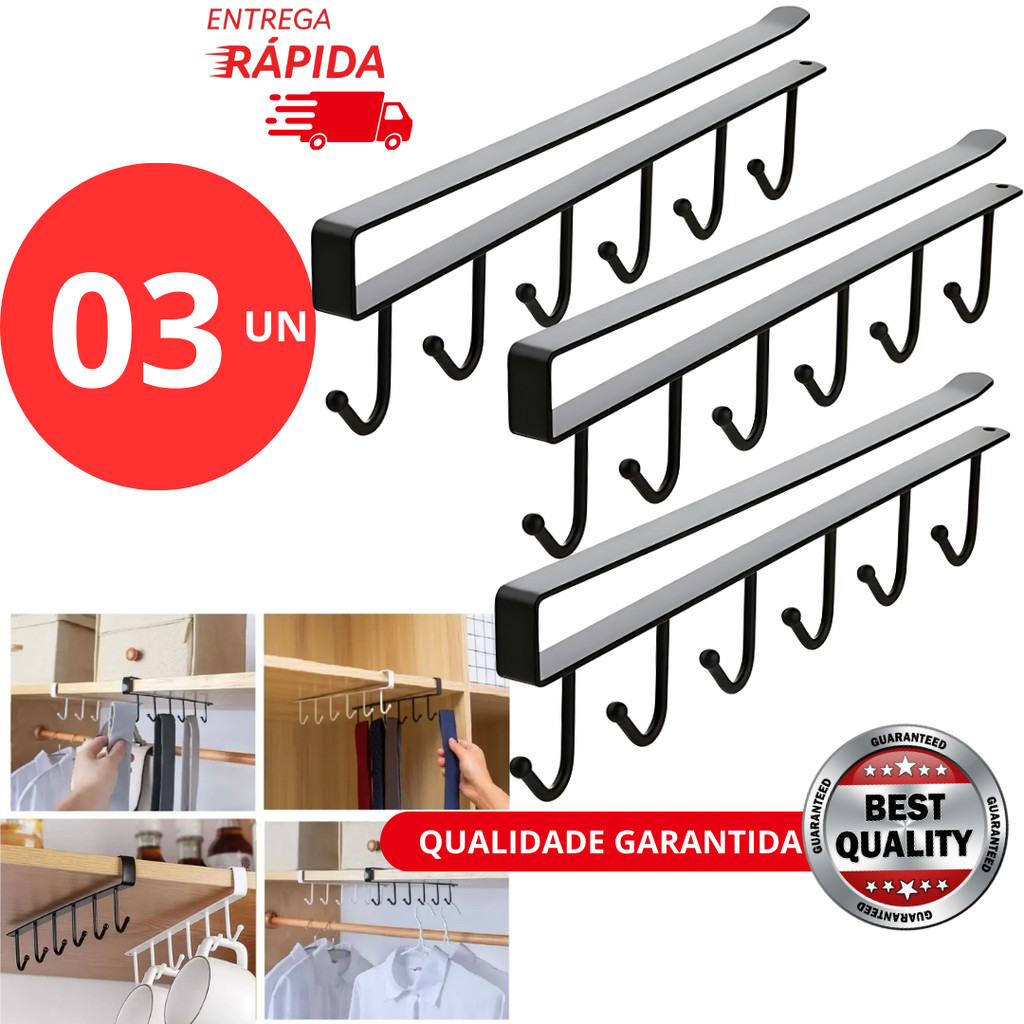 KIT 3 Suporte De Metal Porta Xícaras Canecas Utensílios Em Geral Para Pendurar No Armário