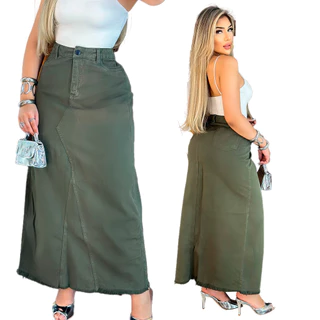 Saia Jeans Longa Cintura Alta 100% Algodão Sem Lycra Com Fechamento Em Botão