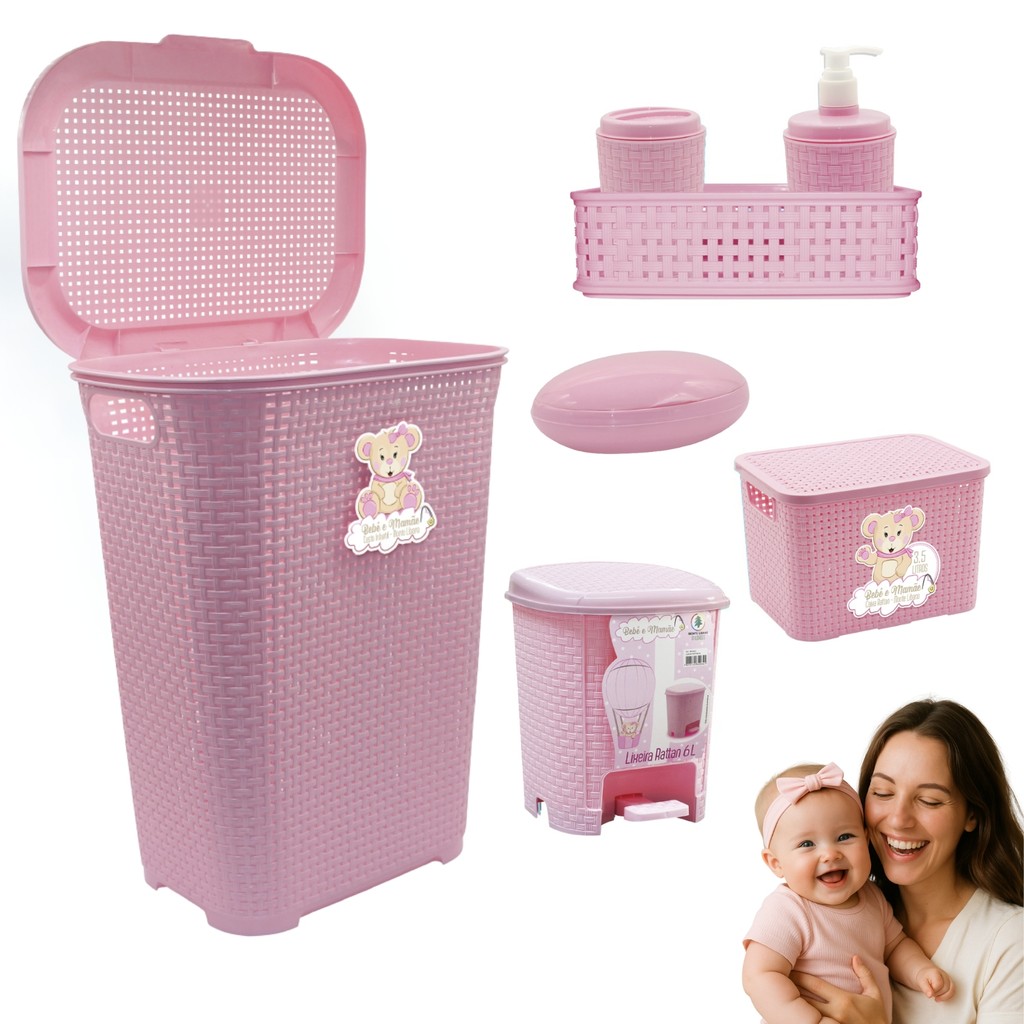 Kit Cesto Roupas Bebê Organizador Saboneteira Rattan Lixeira | Shopee ...