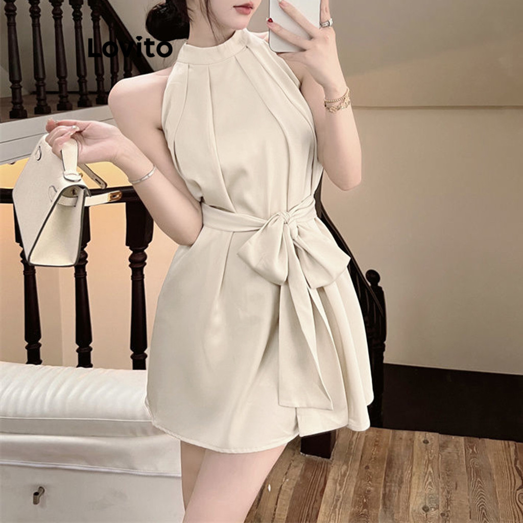 Lovito Vestido Simples com Amarração para Mulheres LNA16042 (Cáqui)