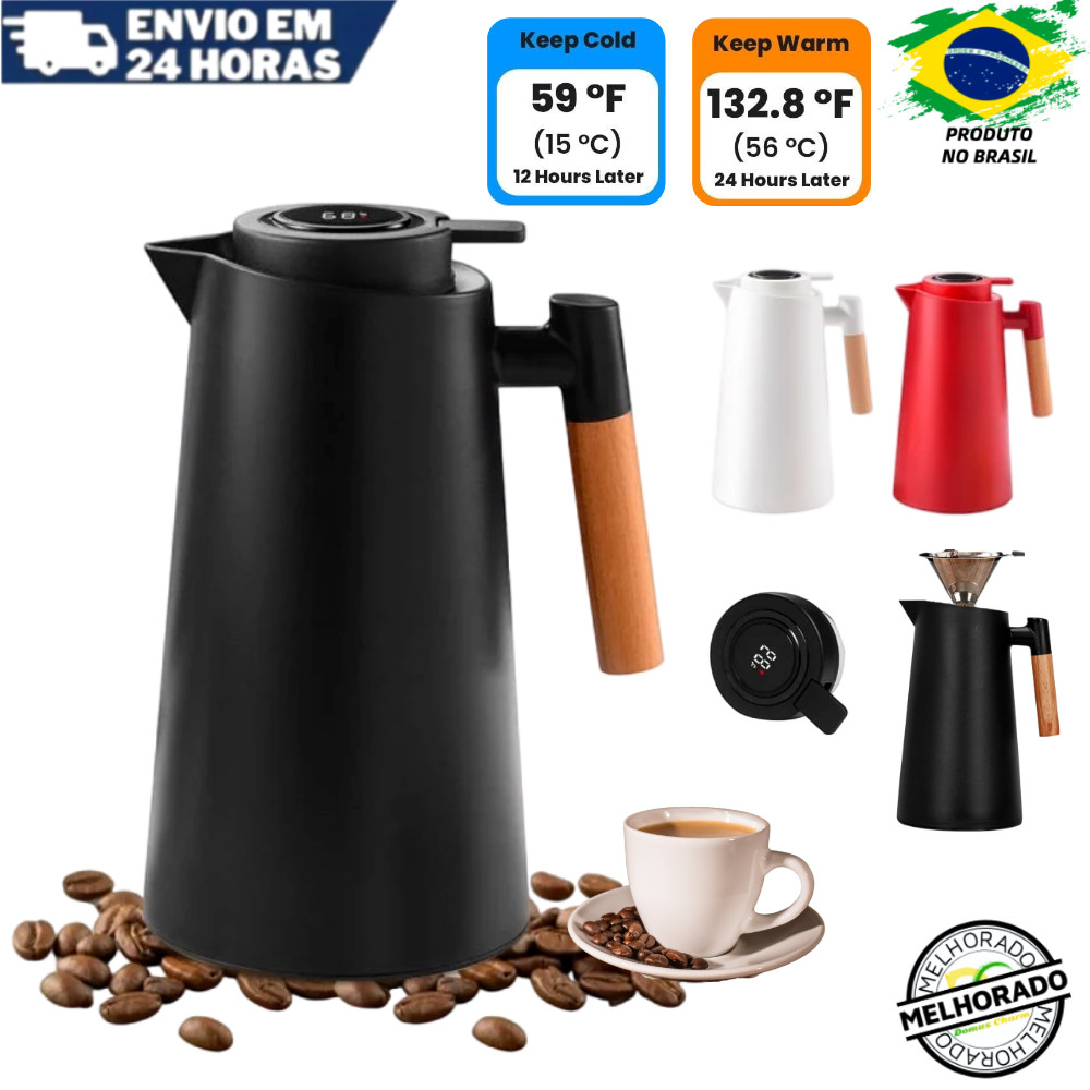 Garrafa Térmica 1L Com Termômetro LED Para Chá E Café - Design Nórdico E Cabo De Madeira