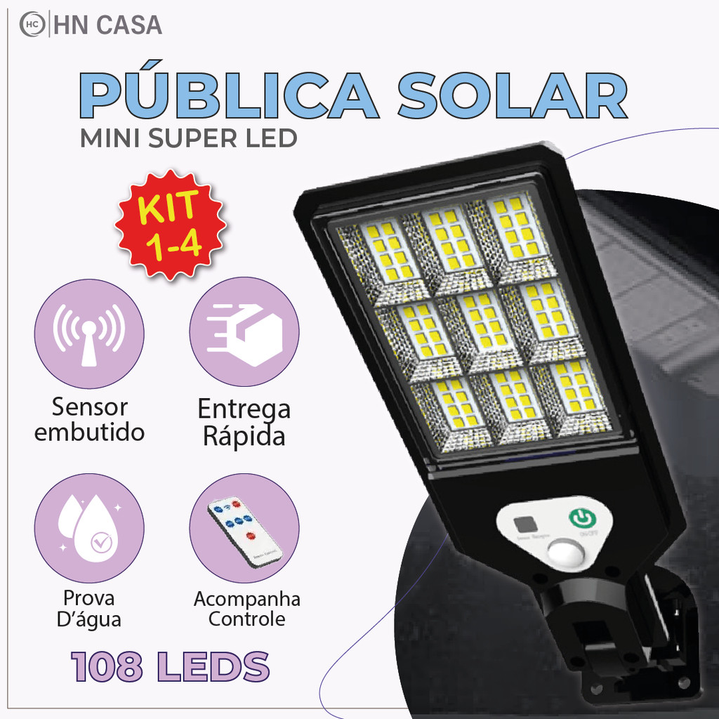 Luminária Pública Luz Solar Externo 108 LEDS Com Controle Remoto Refletor LED Transparente Sensor De Movimento Ajustável