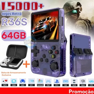Console de Jogos Portátil R36S com mais de 15000 Jogos, Linux, 64GB, Tela IPS de 3.5 Polegadas, Pronta Entrega