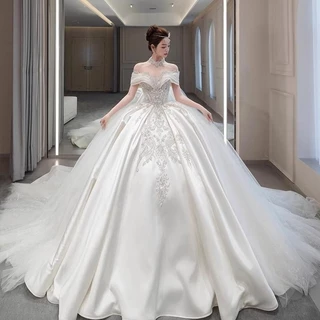 Vestido de casamento de um ombro noiva 2025 novo estilo gaze principal cetim textura de alta qualidade francês Retro ind