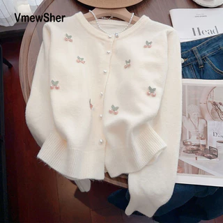 VmewSher Bonito Cereja Simples Primavera Outono Coreano Malha Cardigan Feminino Doce Macio O Pescoço Camisola Botões Man
