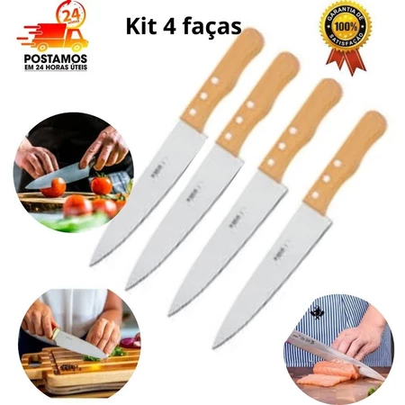 kit 4 Facas de Cozinha Aço Inox Cabo de Madeira 5 Carne Salada Legumes Churrasco