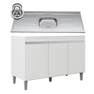 Balcão de Cozinha Com Pia Inox 120cm 3 Portas Manu Branco - AJL Móveis
