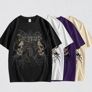Camiseta masculina de algodão com estampa de caveira gótica com gola redonda e manga curta