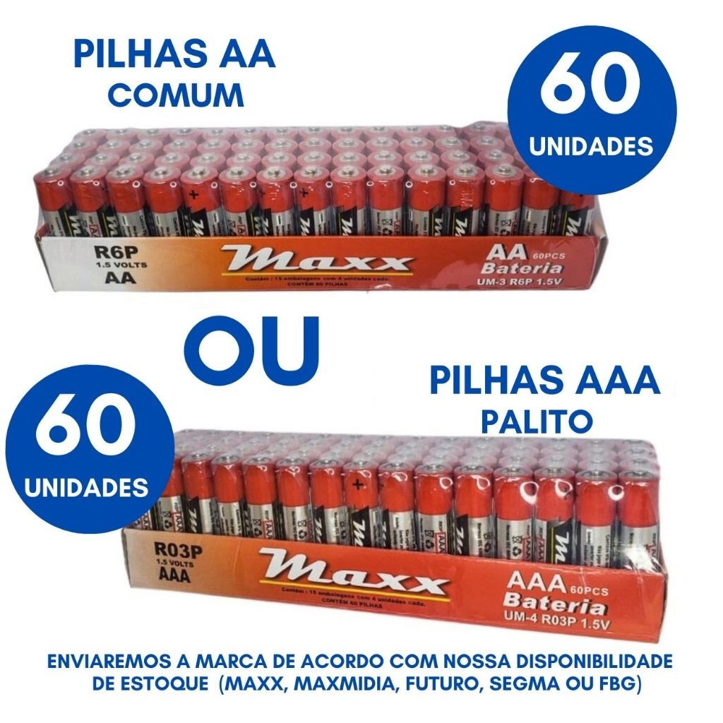 60 Pilhas AAA Palito OU 6O Pilhas AA Comum OU 120 Pilhas AA OU 120 ...