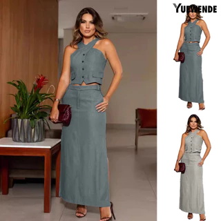 [Yw �� 2 pçs/conjunto das mulheres sem mangas um peito Maxi de cintura alta comutáveis partido colete saia conjunto