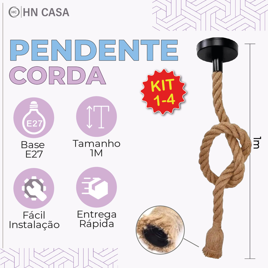 Pendente Corda 1M Retro Vintage Rústico Sisal E27 Para Decoração Com Detalhes Pérola Preta