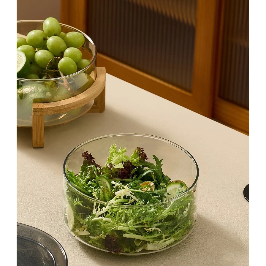 Saladeira De Vidro 1.8L/2.8L/3.8L Com Suporte De Madeira-Tigela Grande Para Servir Salada , Frutas Bambu Natural — foto 3 de 4