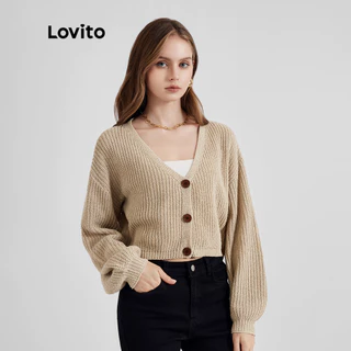 Lovito Suéter Liso Casual De Botão L21LT091 (Caqui/Branco)
