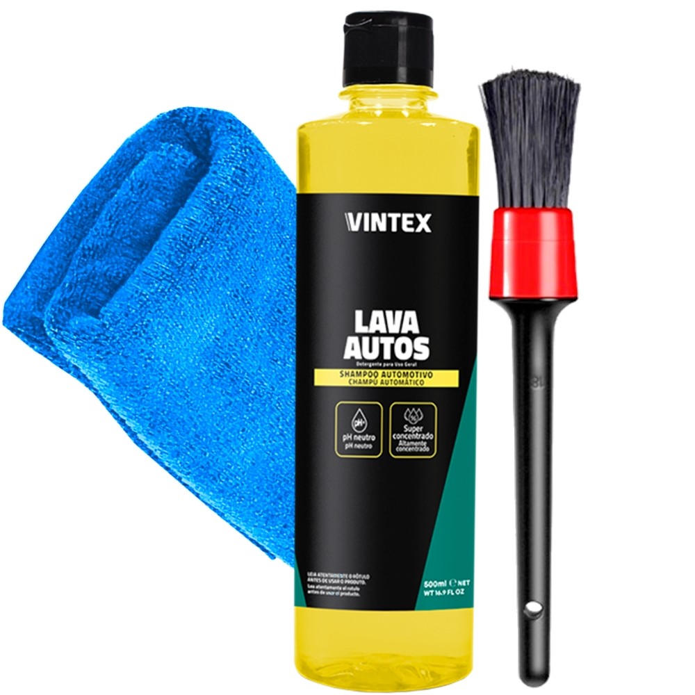 Kit Lavagem Automotiva Vintex Shampoo Lava Autos Pincel para Limpeza Detalhamento e Pano de Microfibra