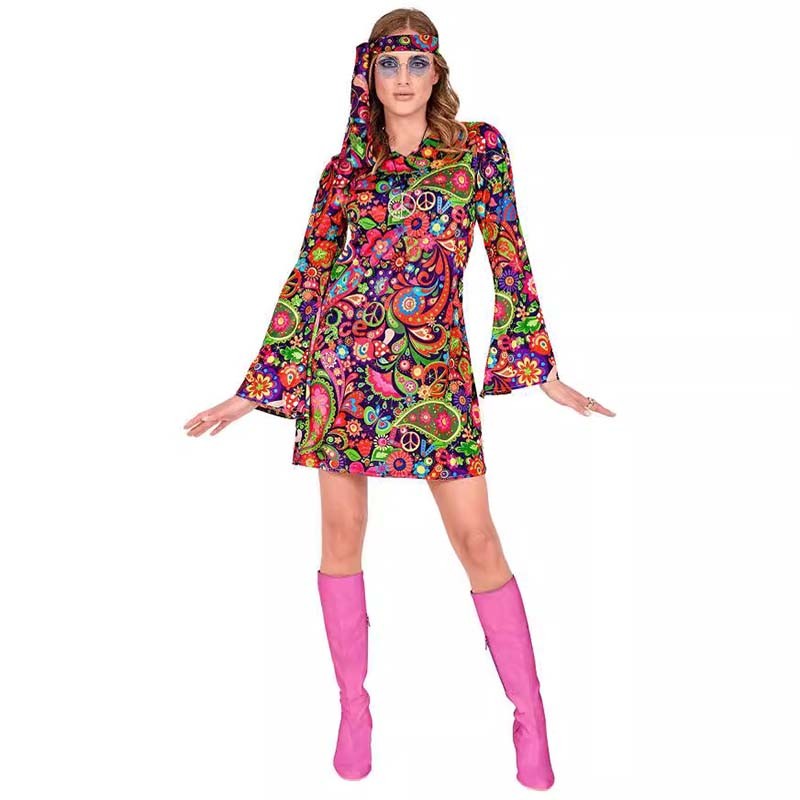 Vestido Hippie Dos Anos 70 Moda Gola Redonda Manga Comprida Solto ...