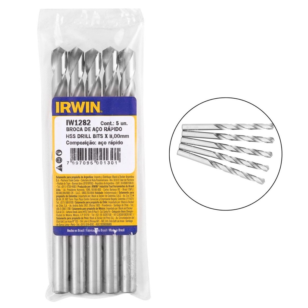 Kit 5 Brocas De Aço Rápido Metal 8mm Din 338 Iw1282 Irwin | Shopee Brasil