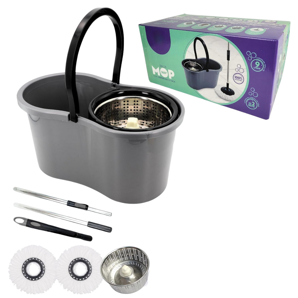 Mop Giratorio Com Centrifuga Inox e Cabo em Inox Com 2 Refil de