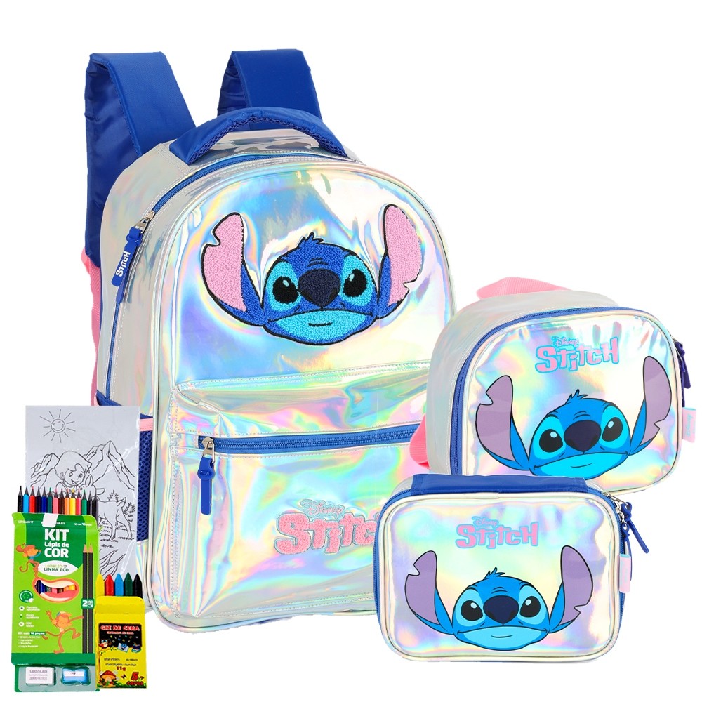 Disney Stitch School Holographic PVC Crianças Crianças Meninas Mochila ...