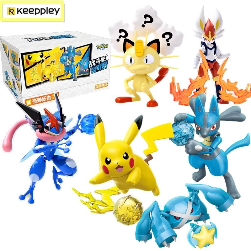 Original Keepley Pokemon Bloco De Construção Pikachu Meowth Lucario Cinderace Greninja Montagem Modelo Anime Boneca Cria
